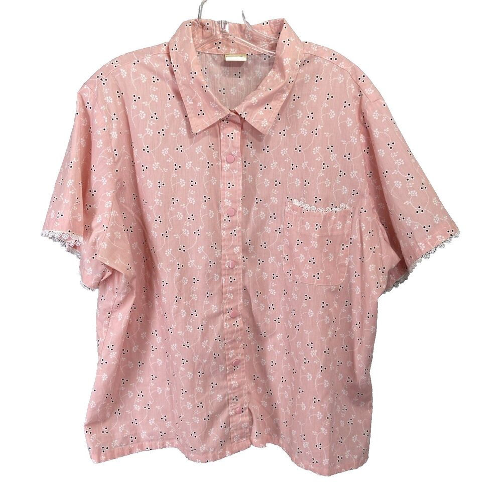 Boca Bay Women's Pink Eyelet Floral Snap Short Sleeve Shirt Sz XXL Lace Trim
